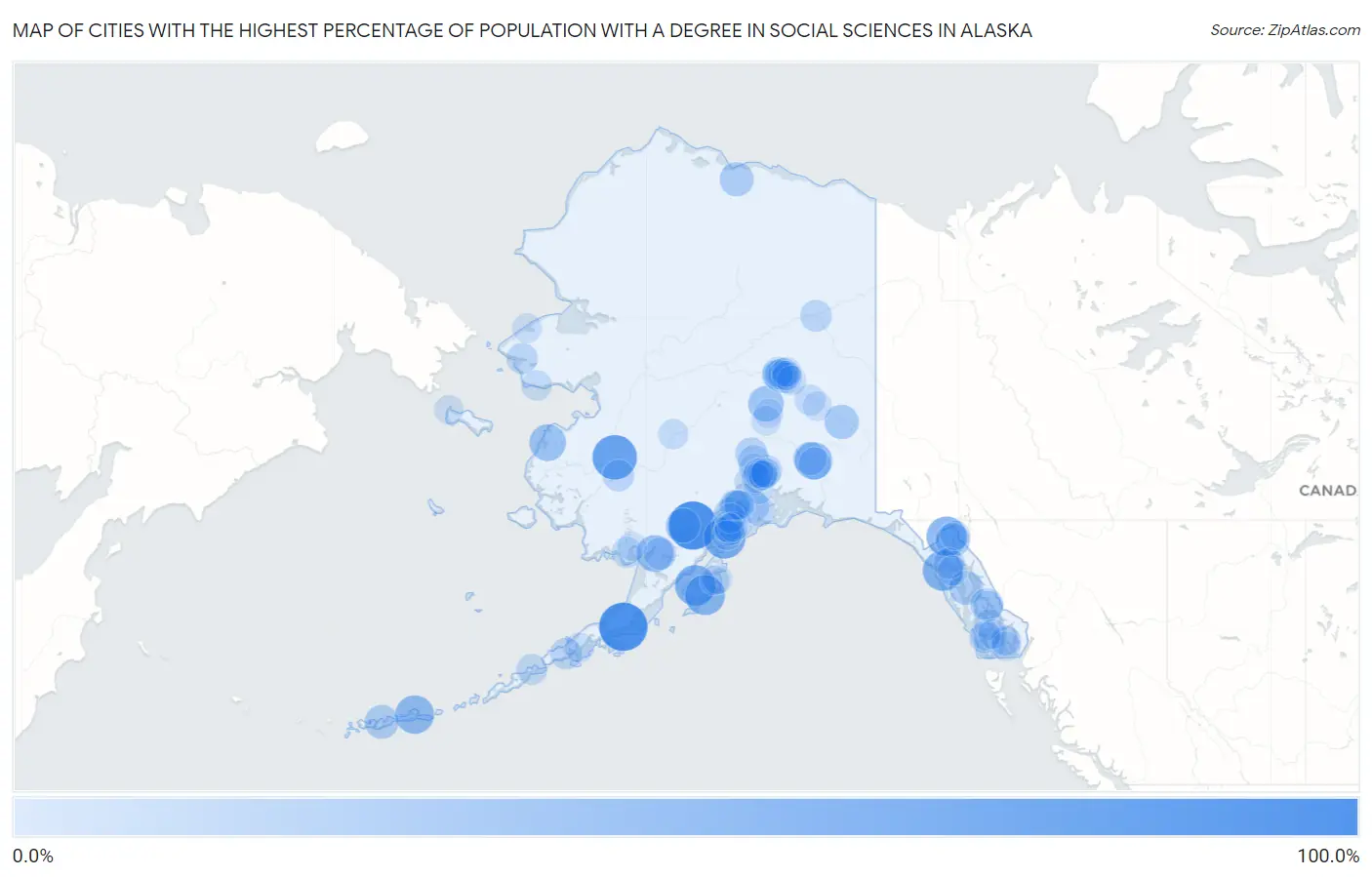 Cities with the Highest Percentage of Population with a Degree in Social Sciences in Alaska Map