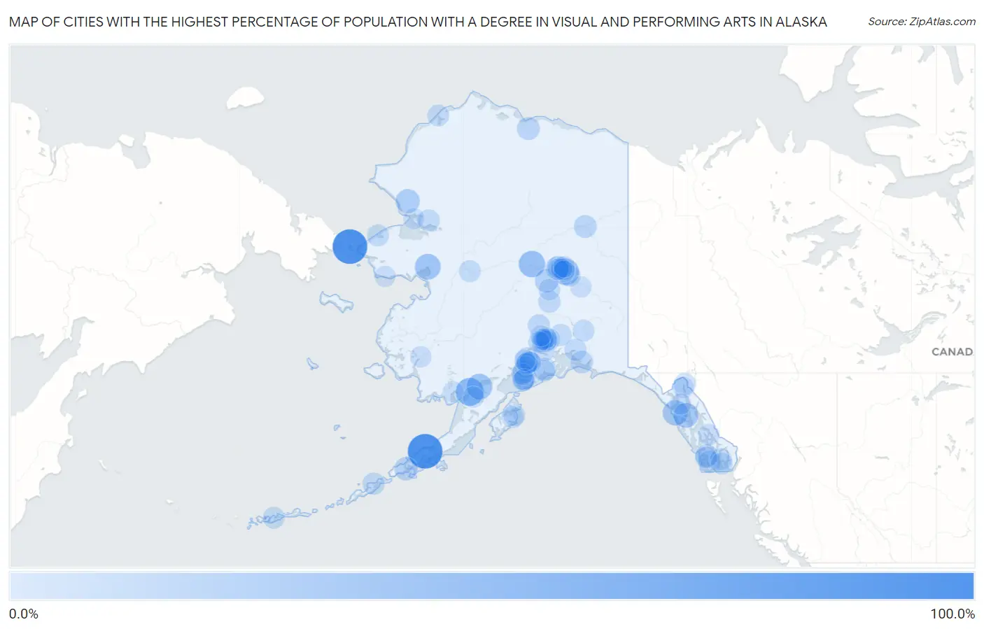 Cities with the Highest Percentage of Population with a Degree in Visual and Performing Arts in Alaska Map