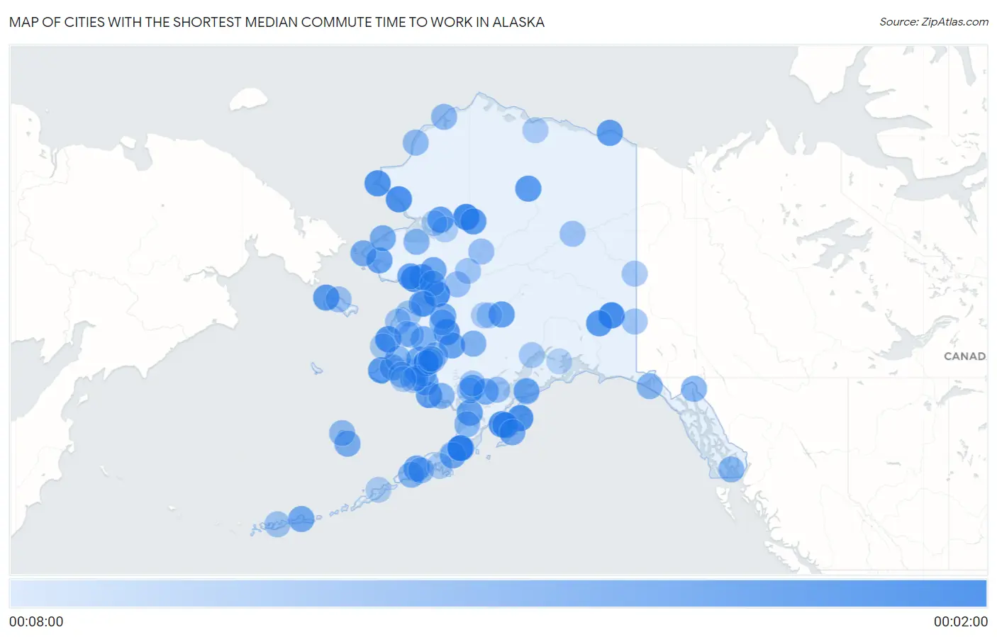 Cities with the Shortest Median Commute Time to Work in Alaska Map