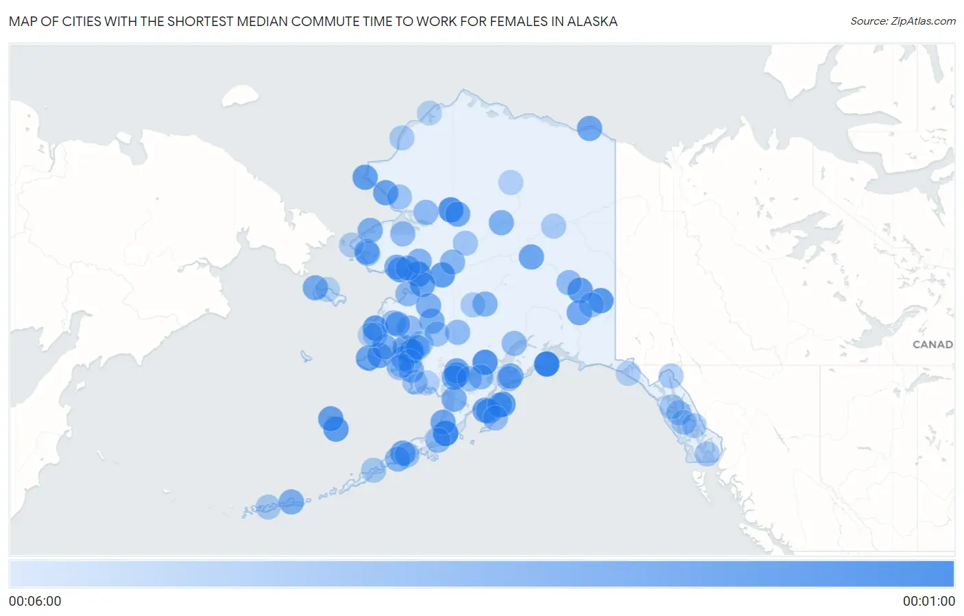 Cities with the Shortest Median Commute Time to Work for Females in Alaska Map