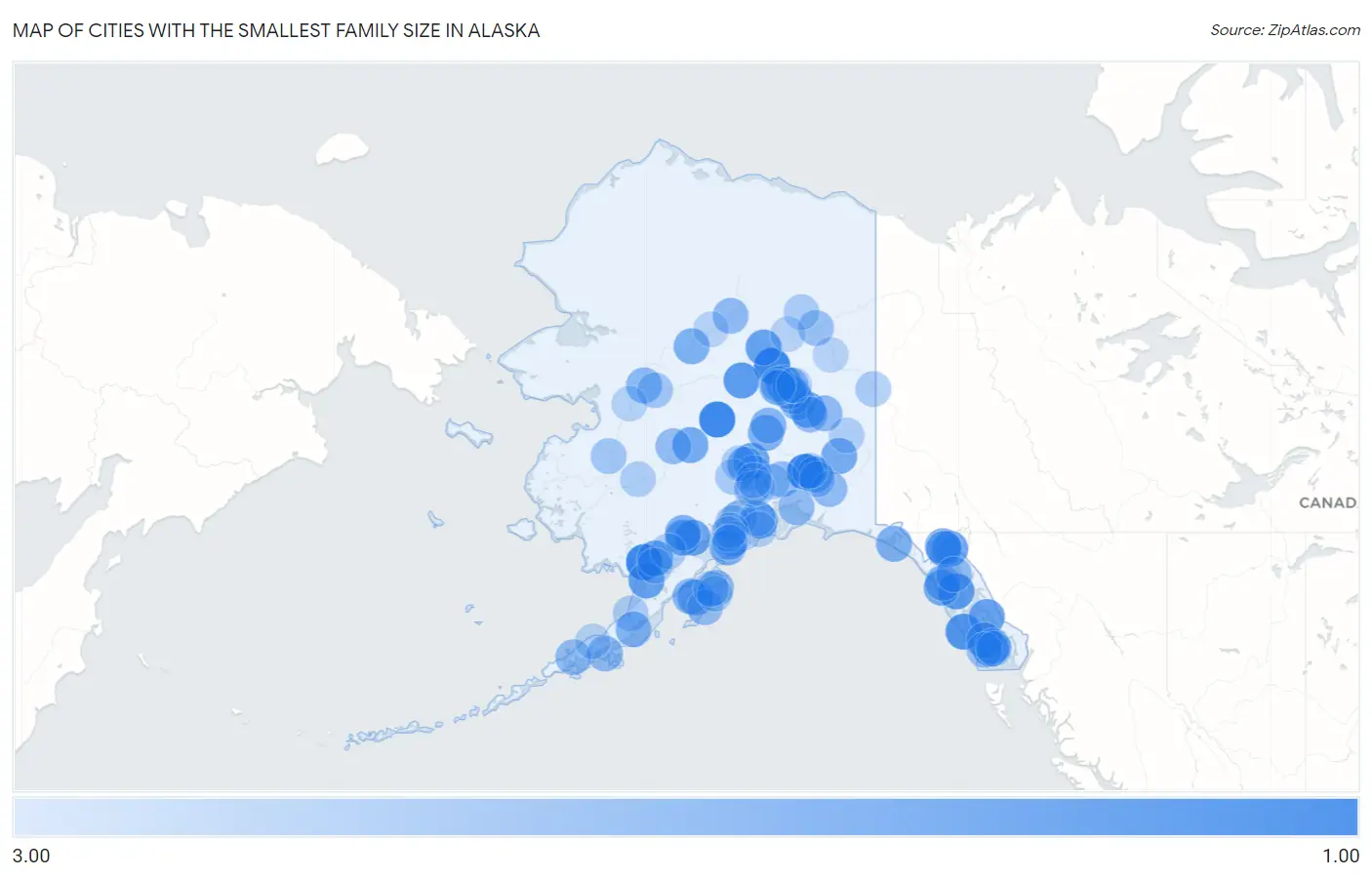 Cities with the Smallest Family Size in Alaska Map