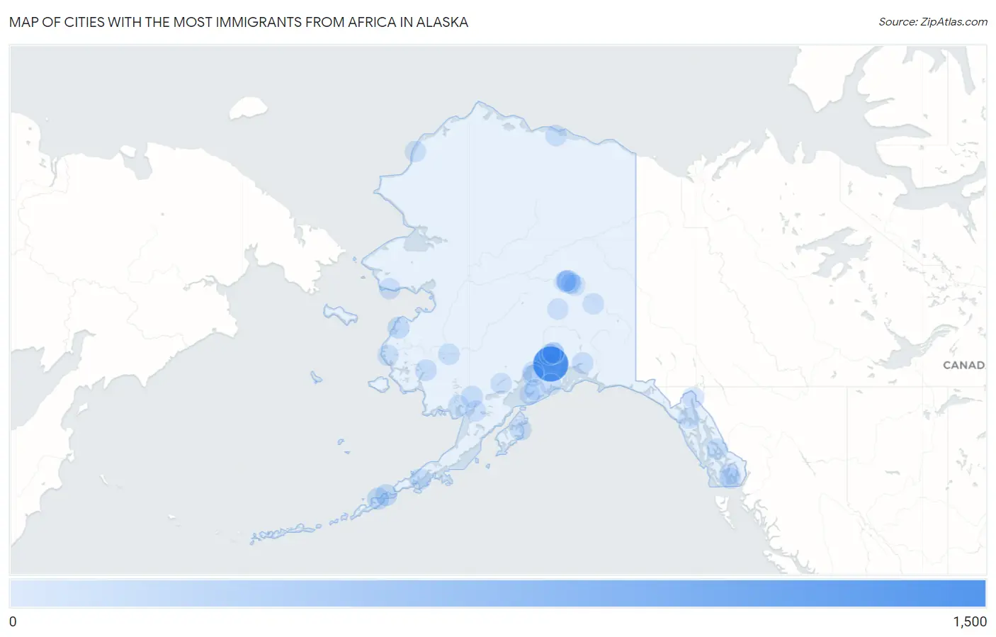 Cities with the Most Immigrants from Africa in Alaska Map