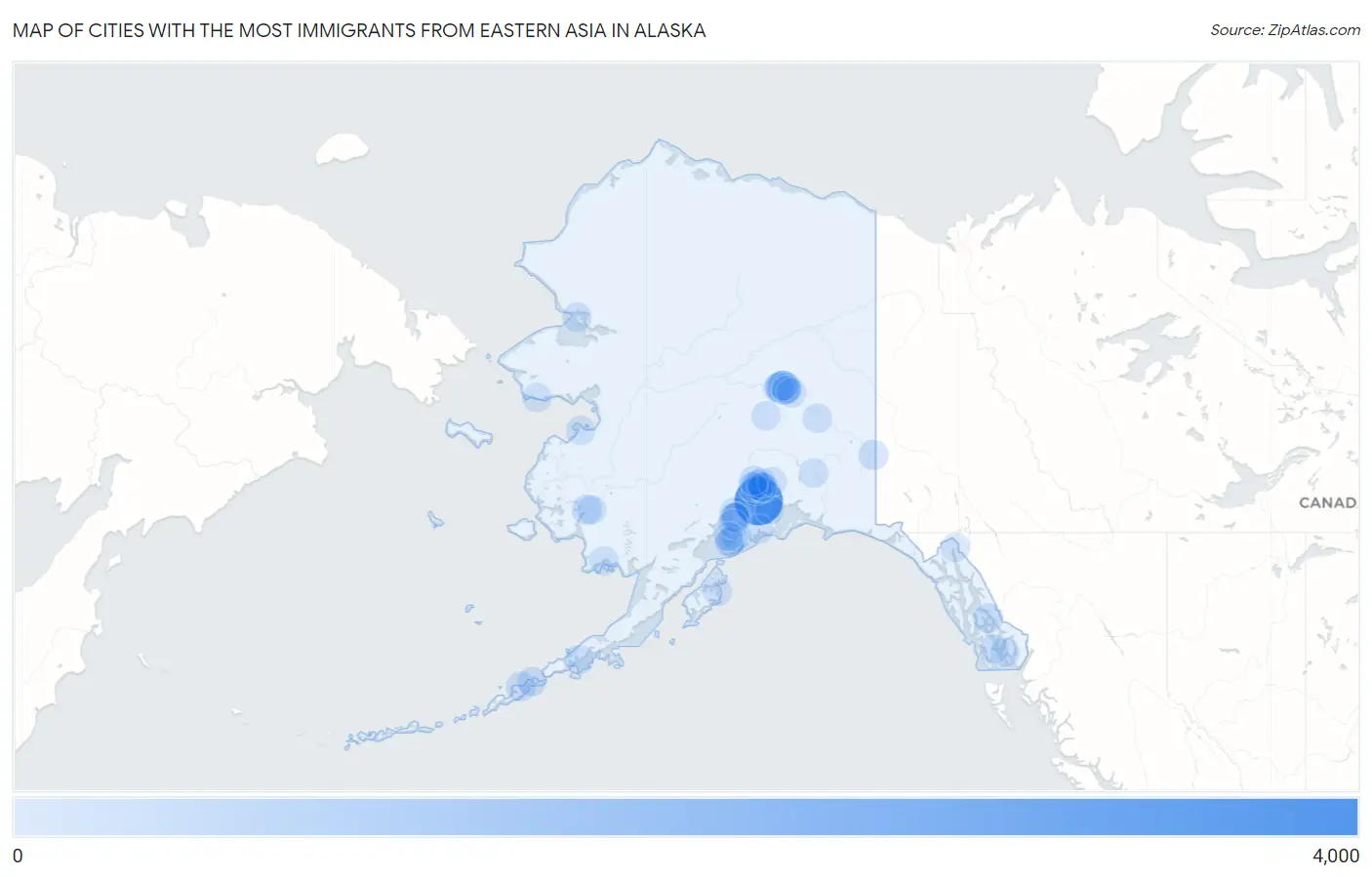 Cities with the Most Immigrants from Eastern Asia in Alaska Map