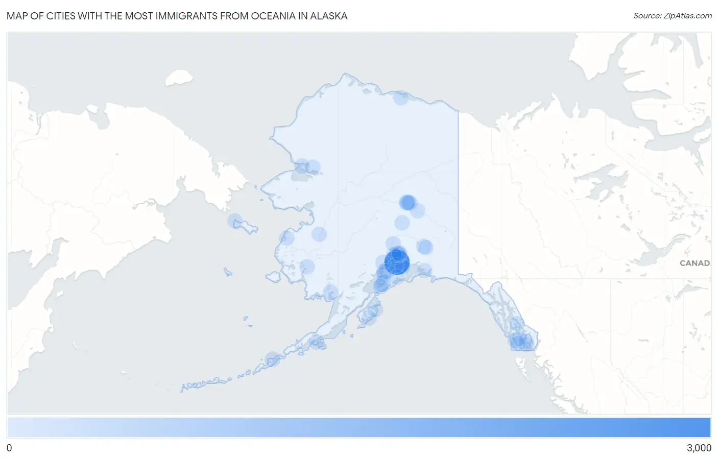Cities with the Most Immigrants from Oceania in Alaska Map