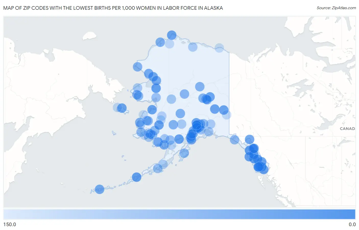 Zip Codes with the Lowest Births per 1,000 Women in Labor Force in Alaska Map