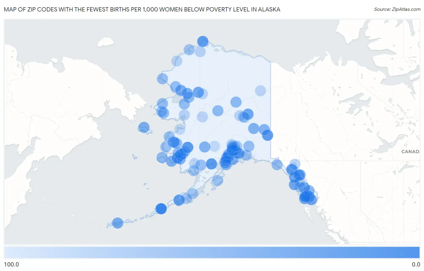 Zip Codes with the Fewest Births per 1,000 Women Below Poverty Level in Alaska Map