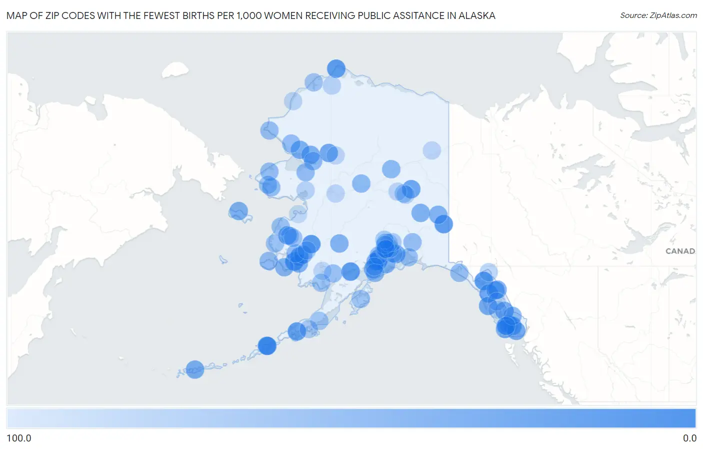 Zip Codes with the Fewest Births per 1,000 Women Receiving Public Assitance in Alaska Map