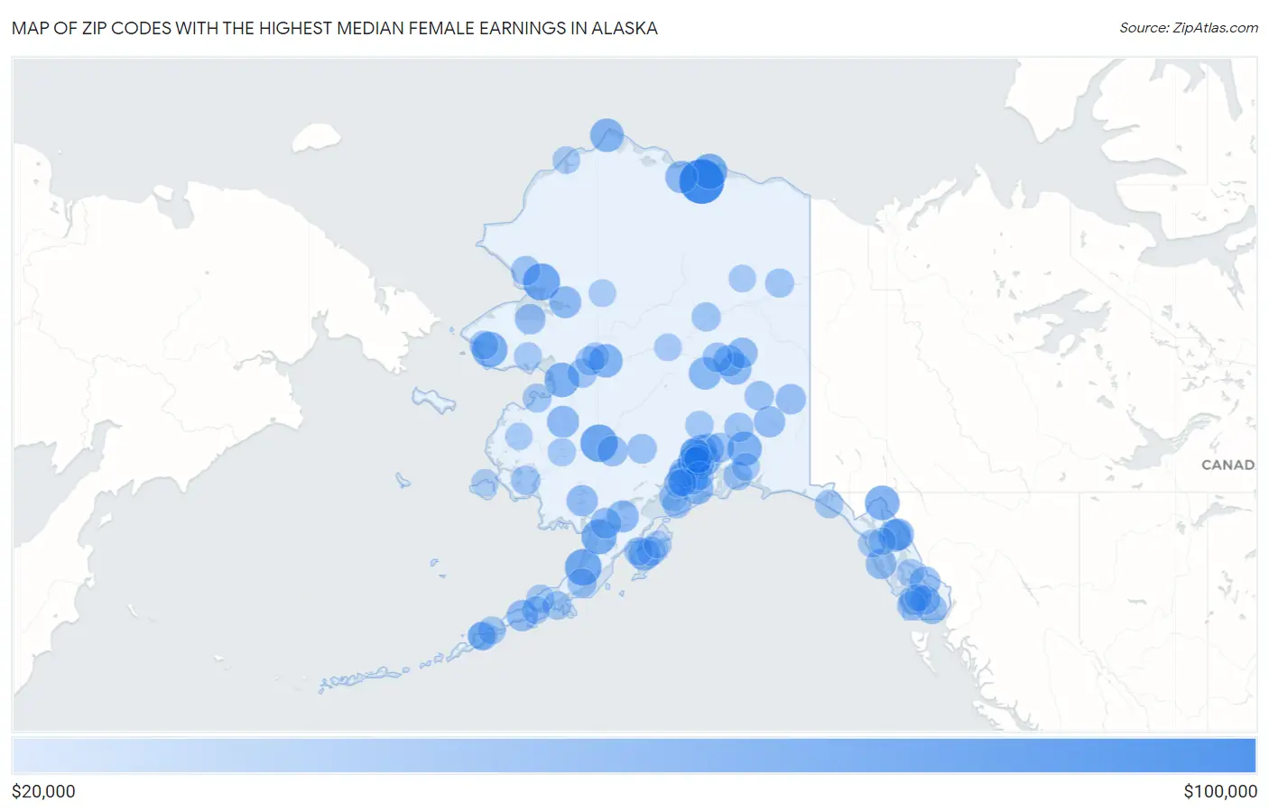 Zip Codes with the Highest Median Female Earnings in Alaska Map