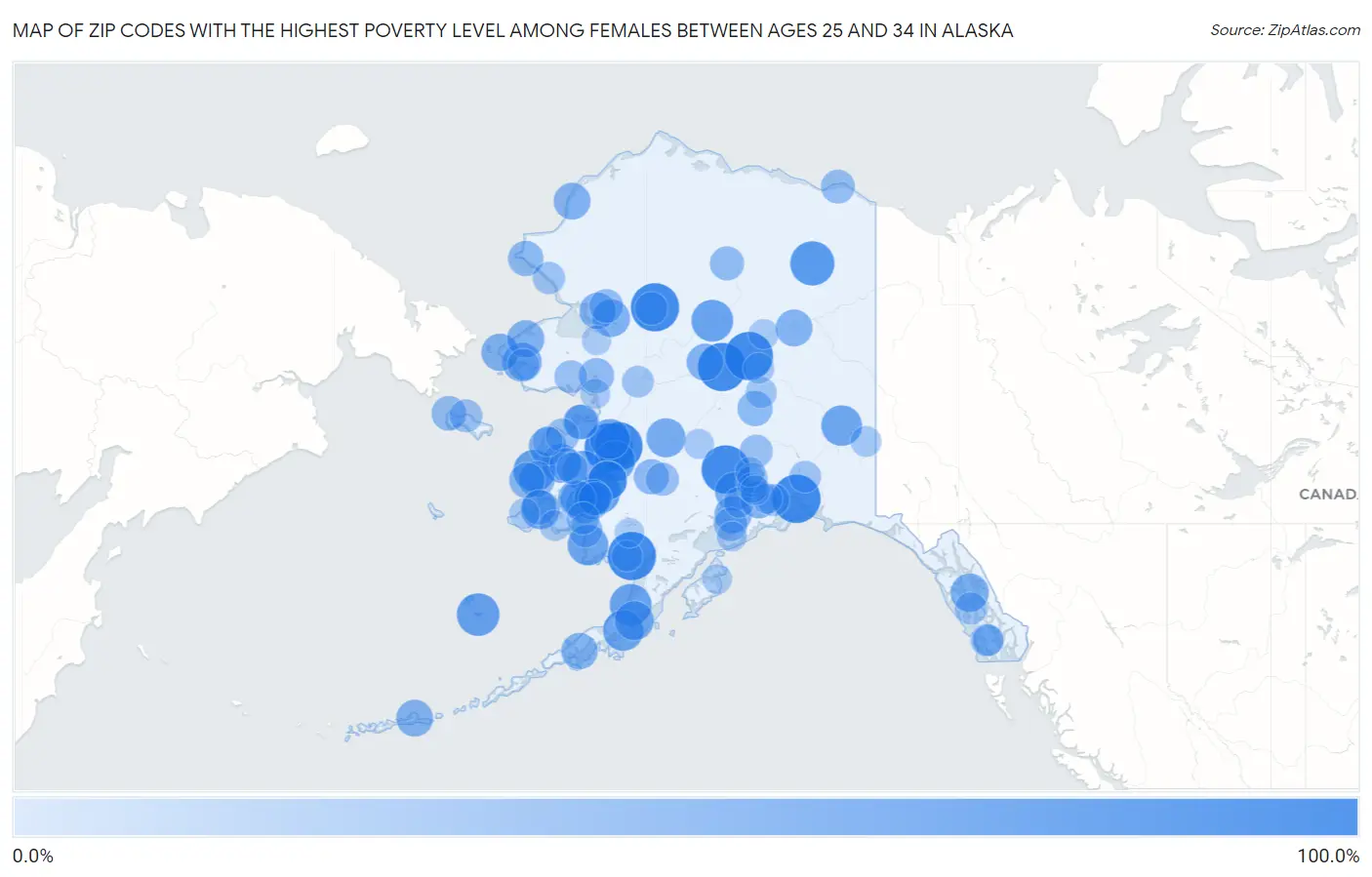 Zip Codes with the Highest Poverty Level Among Females Between Ages 25 and 34 in Alaska Map
