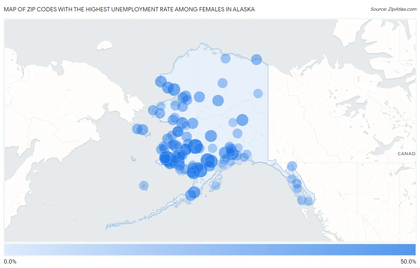 Zip Codes with the Highest Unemployment Rate Among Females in Alaska Map