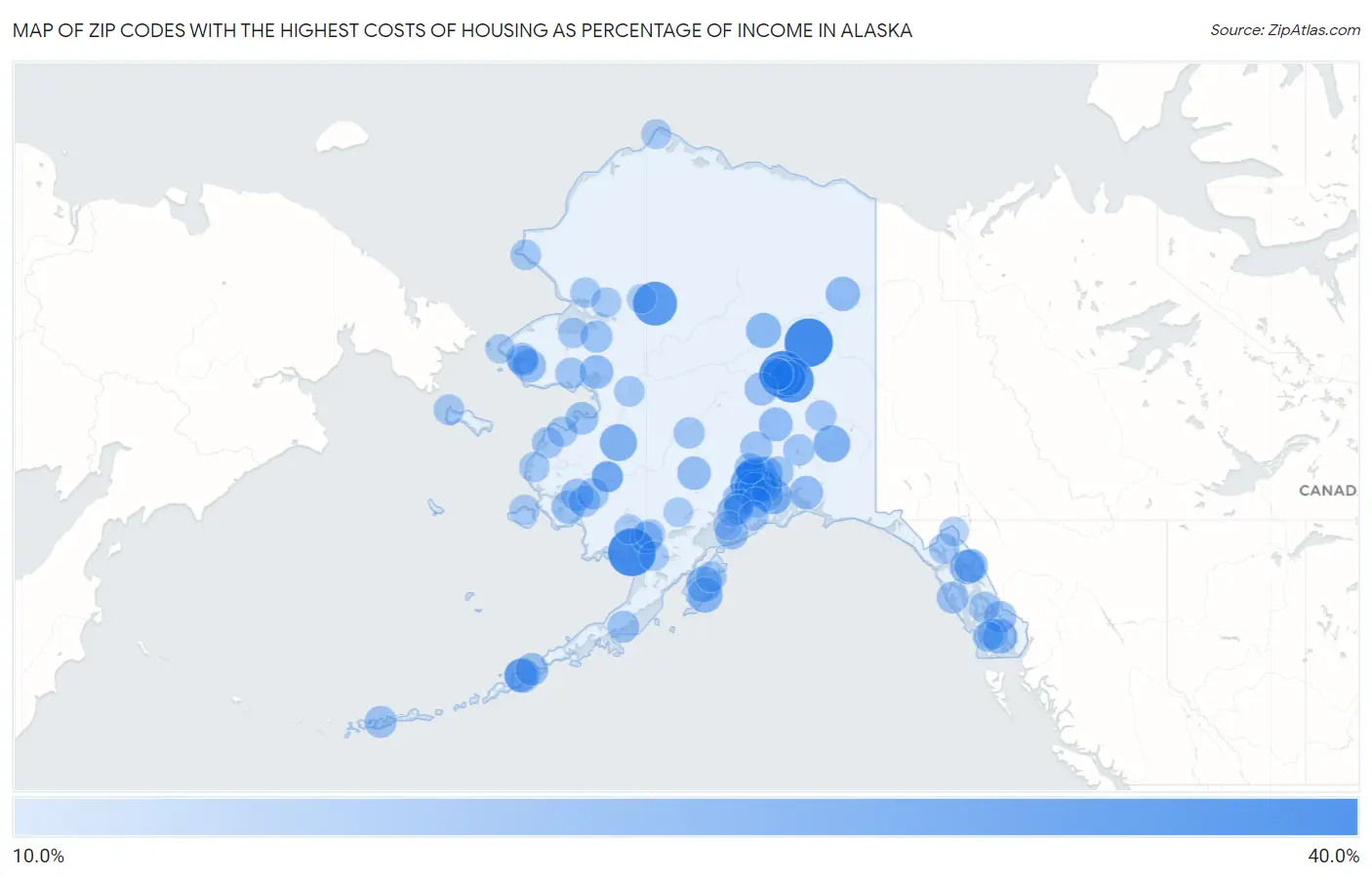Zip Codes with the Highest Costs of Housing as Percentage of Income in Alaska Map