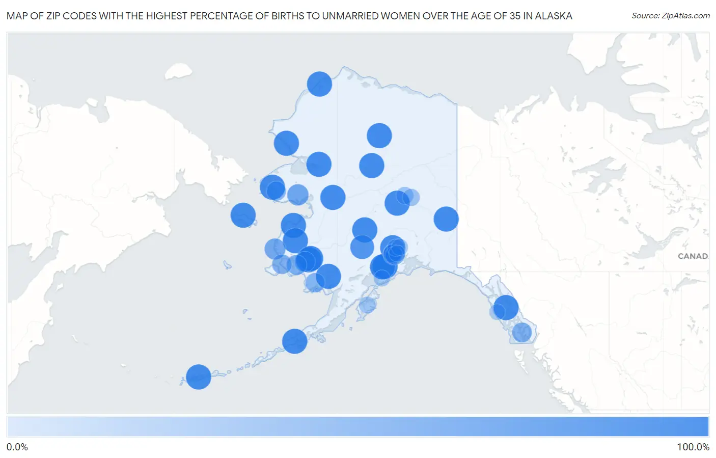 Zip Codes with the Highest Percentage of Births to Unmarried Women over the Age of 35 in Alaska Map