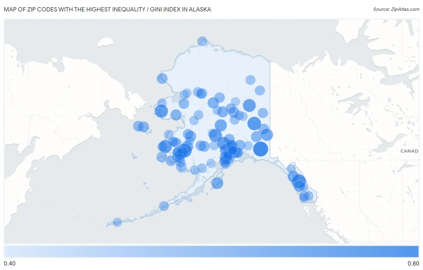 Zip Codes with the Highest Inequality / Gini Index in Alaska Map