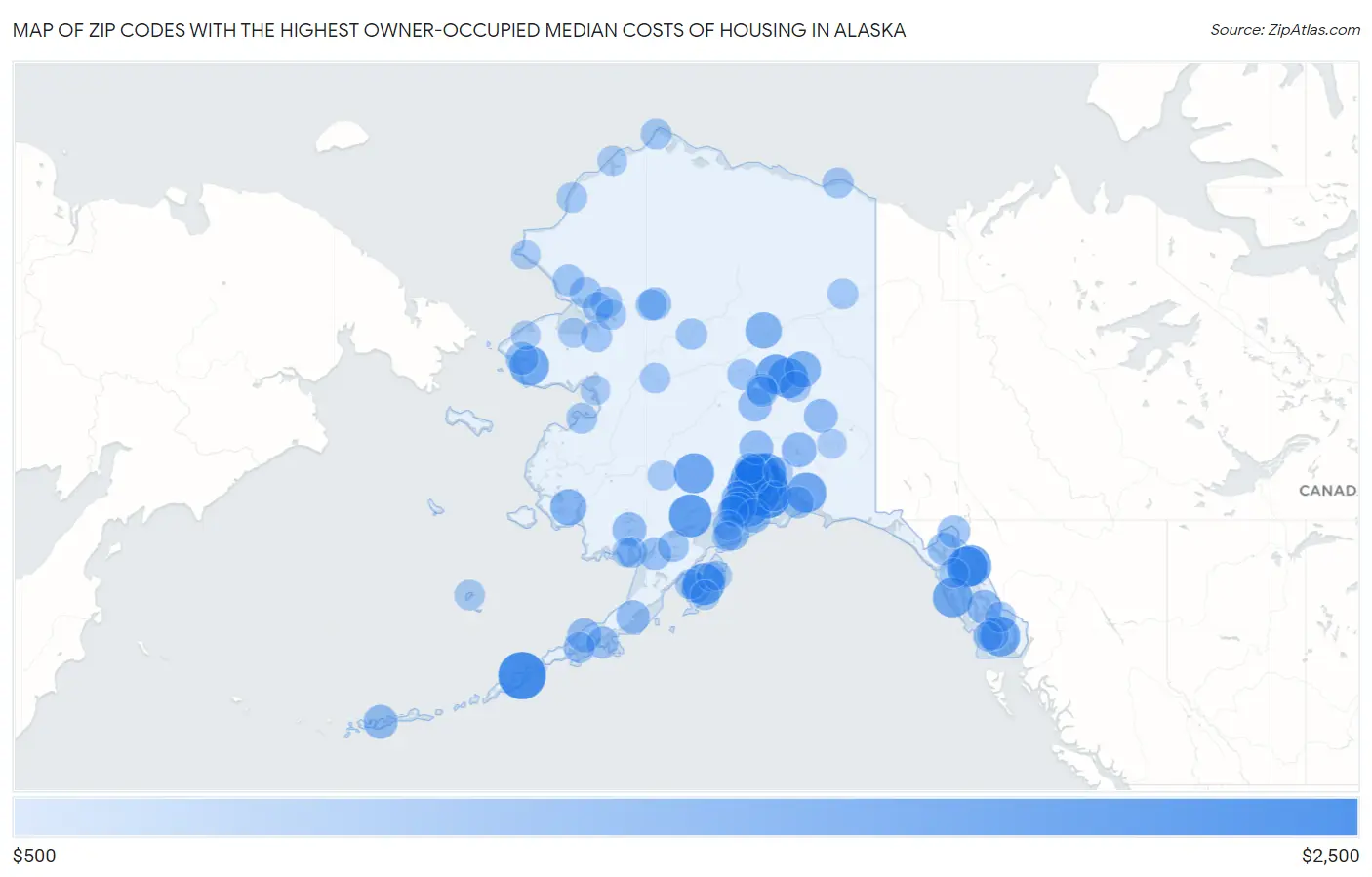 Zip Codes with the Highest Owner-Occupied Median Costs of Housing in Alaska Map