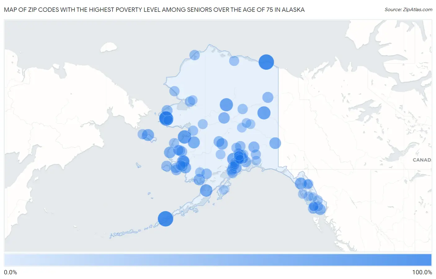 Zip Codes with the Highest Poverty Level Among Seniors Over the Age of 75 in Alaska Map