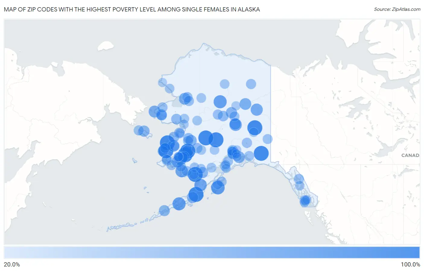 Zip Codes with the Highest Poverty Level Among Single Females in Alaska Map