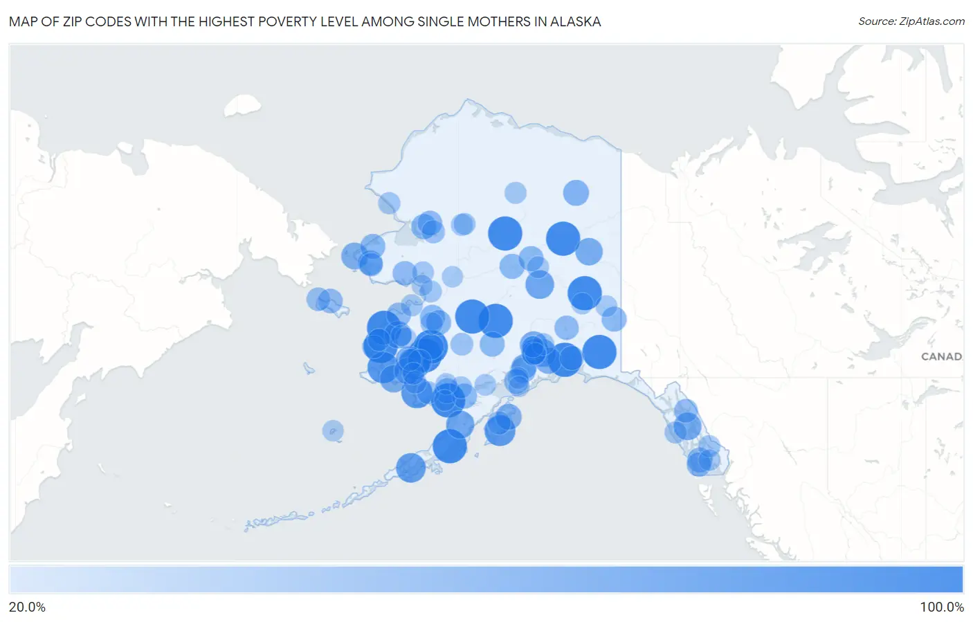 Zip Codes with the Highest Poverty Level Among Single Mothers in Alaska Map