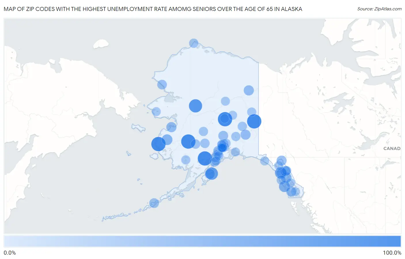 Zip Codes with the Highest Unemployment Rate Amomg Seniors Over the Age of 65 in Alaska Map