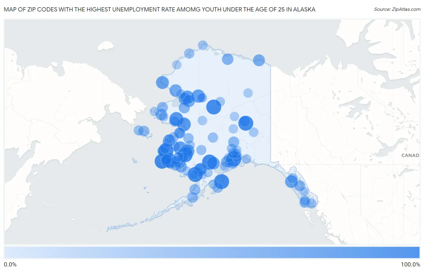 Zip Codes with the Highest Unemployment Rate Amomg Youth Under the Age of 25 in Alaska Map