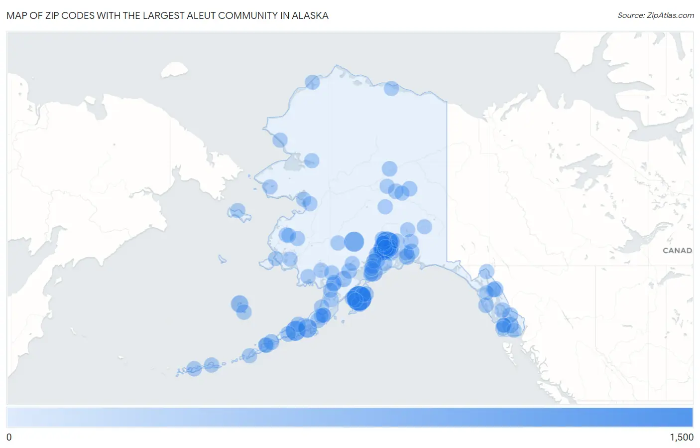 Zip Codes with the Largest Aleut Community in Alaska Map