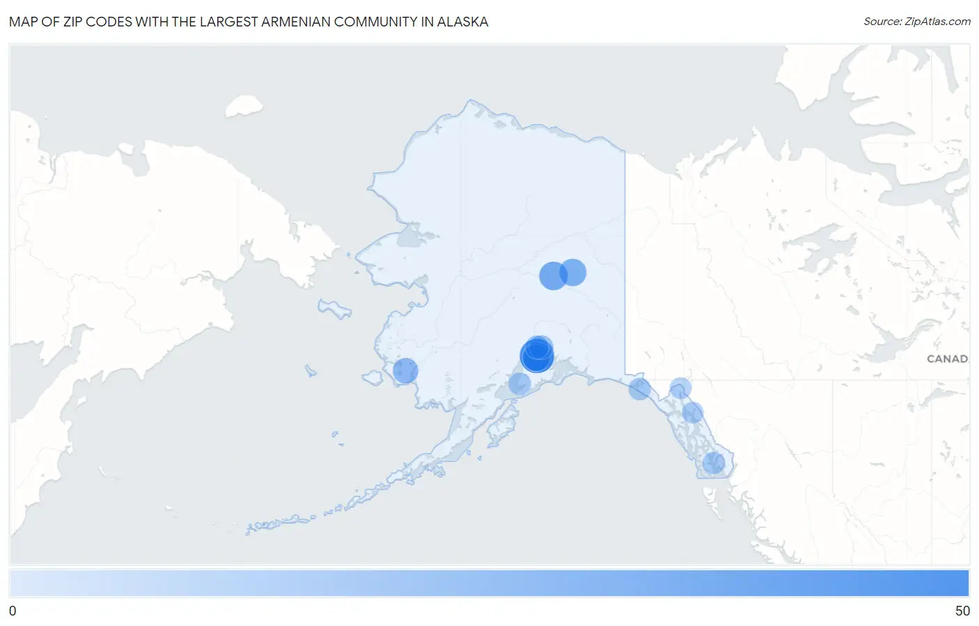 Zip Codes with the Largest Armenian Community in Alaska Map