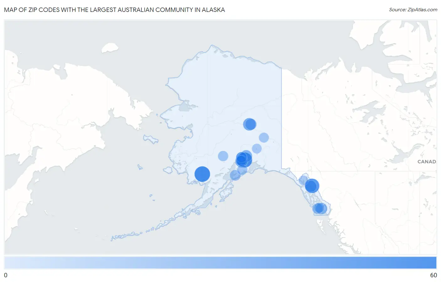 Zip Codes with the Largest Australian Community in Alaska Map