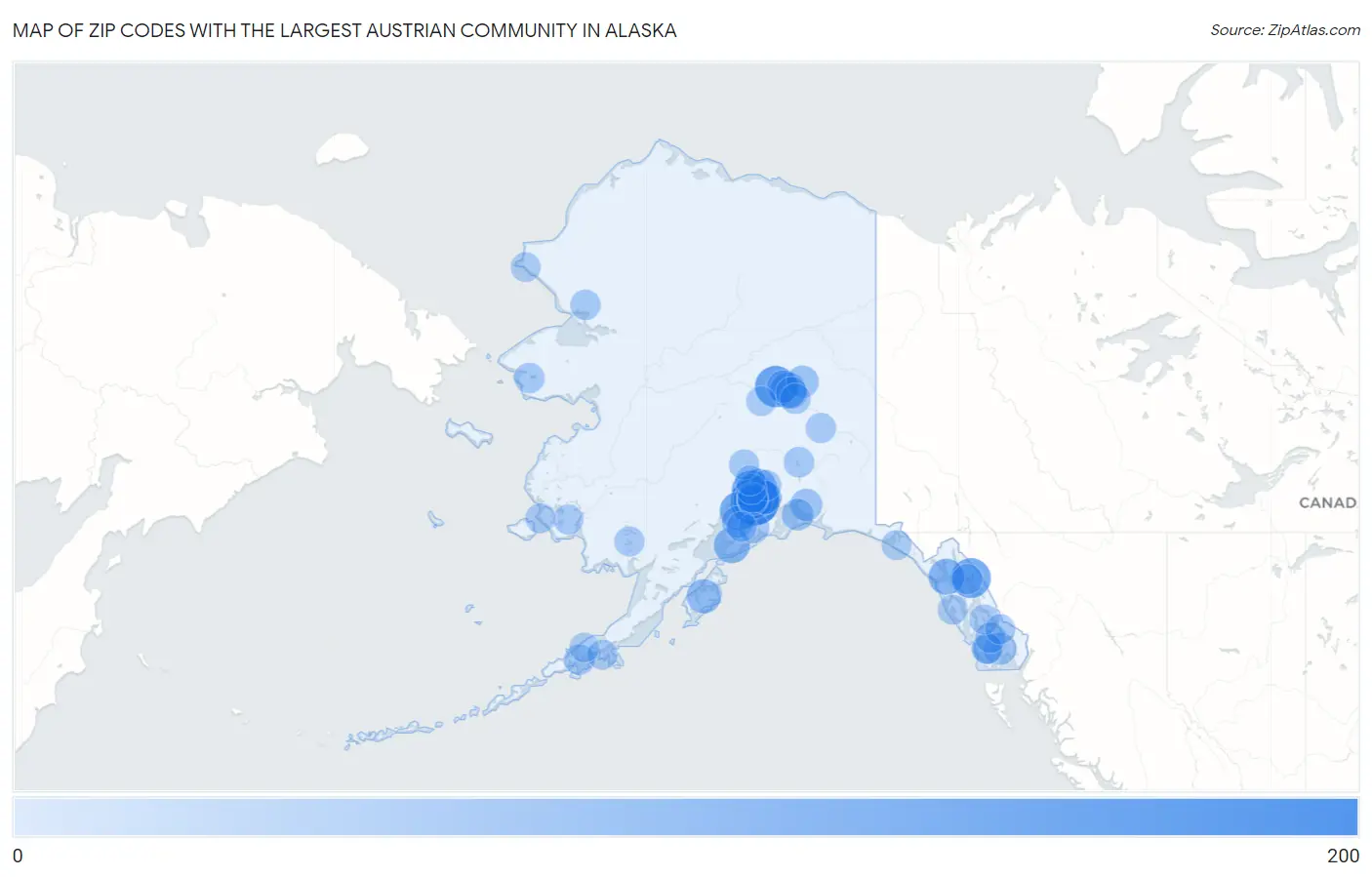 Zip Codes with the Largest Austrian Community in Alaska Map