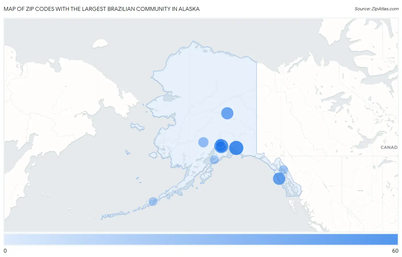 Zip Codes with the Largest Brazilian Community in Alaska Map