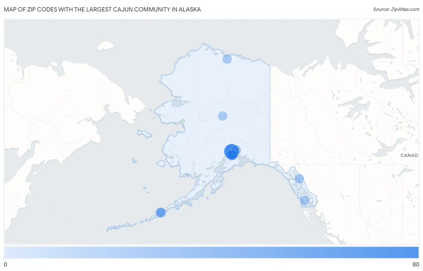 Zip Codes with the Largest Cajun Community in Alaska Map