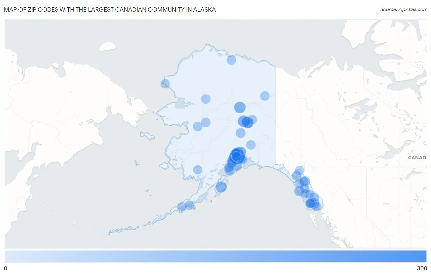 Zip Codes with the Largest Canadian Community in Alaska Map