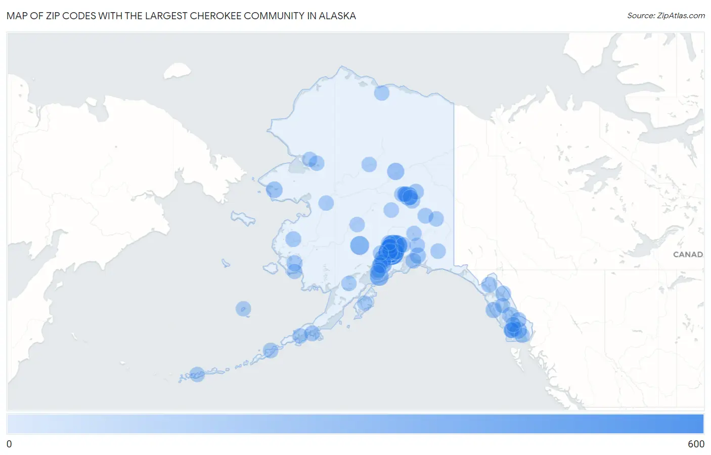Zip Codes with the Largest Cherokee Community in Alaska Map