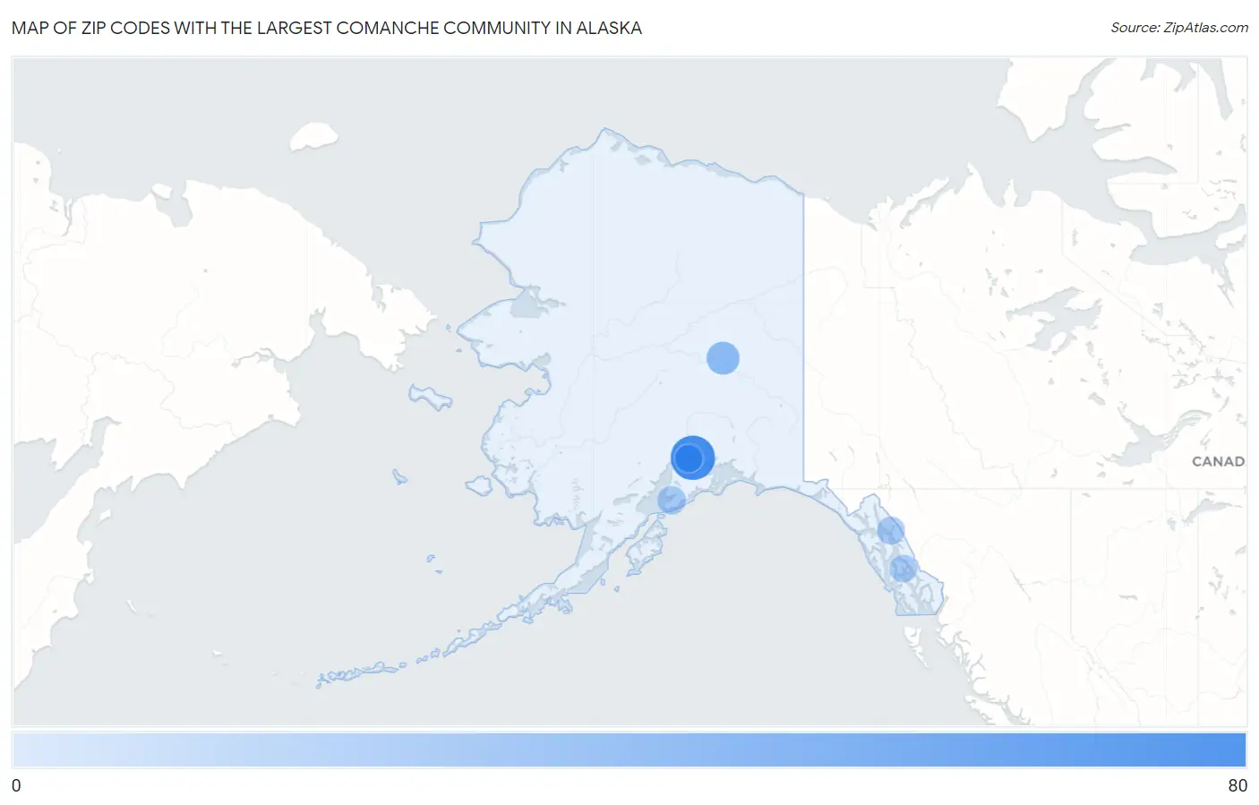 Zip Codes with the Largest Comanche Community in Alaska Map