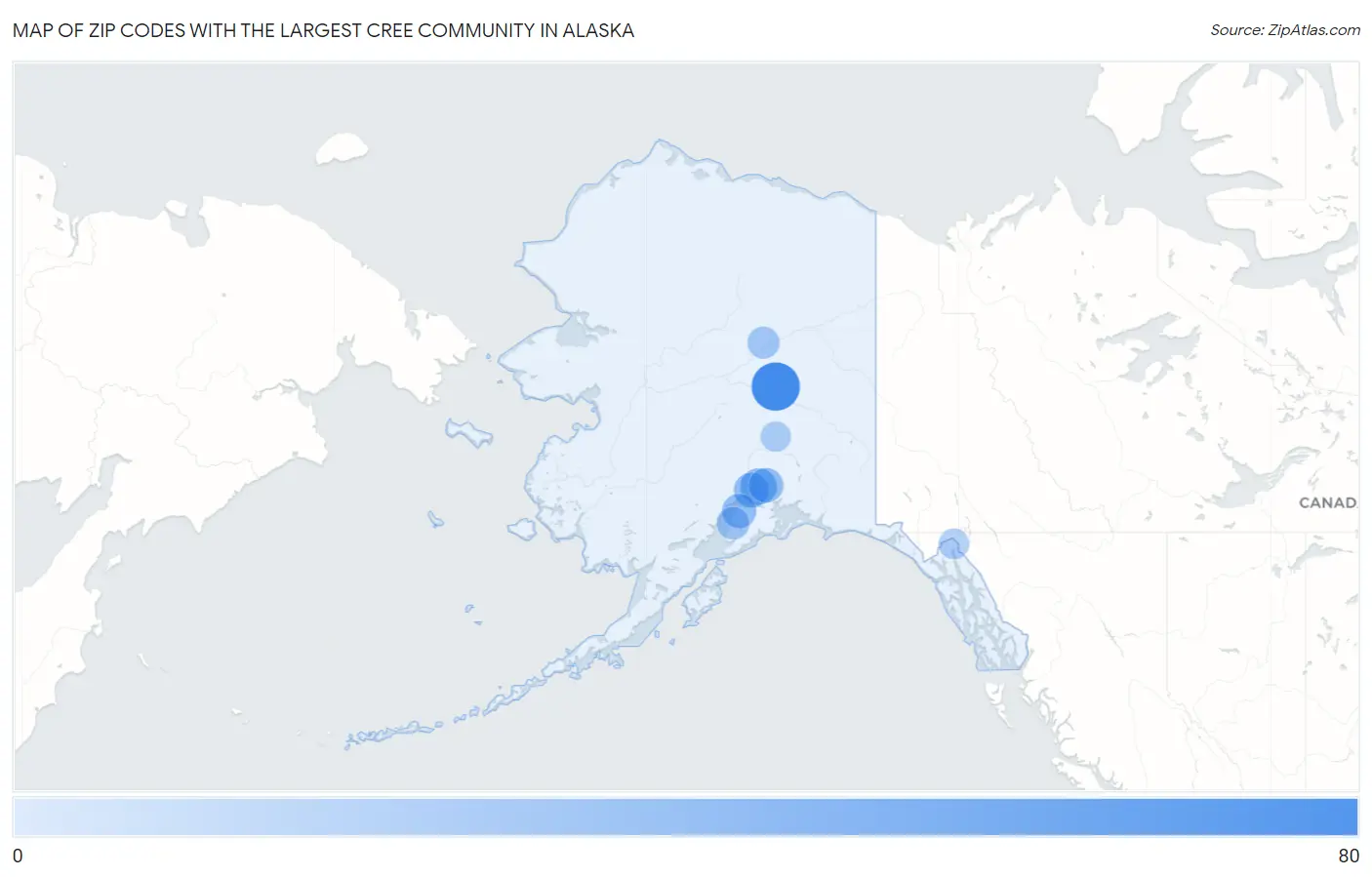 Zip Codes with the Largest Cree Community in Alaska Map