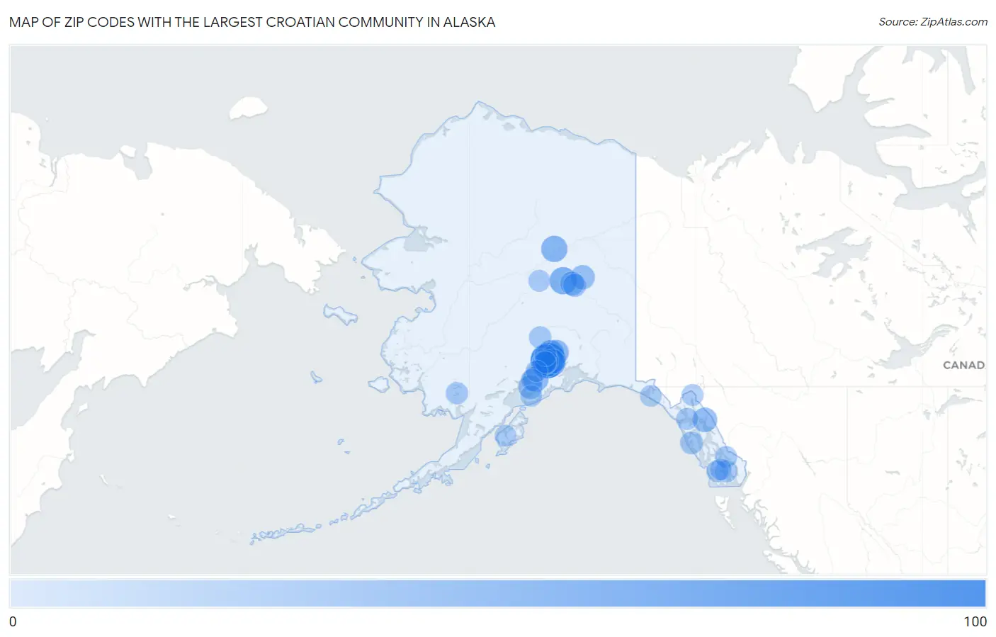 Zip Codes with the Largest Croatian Community in Alaska Map