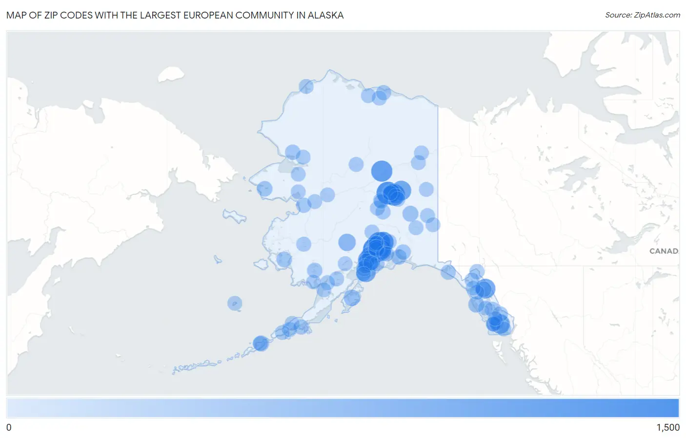Zip Codes with the Largest European Community in Alaska Map