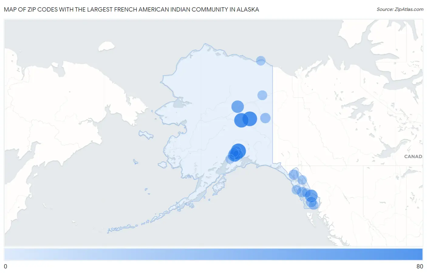 Zip Codes with the Largest French American Indian Community in Alaska Map