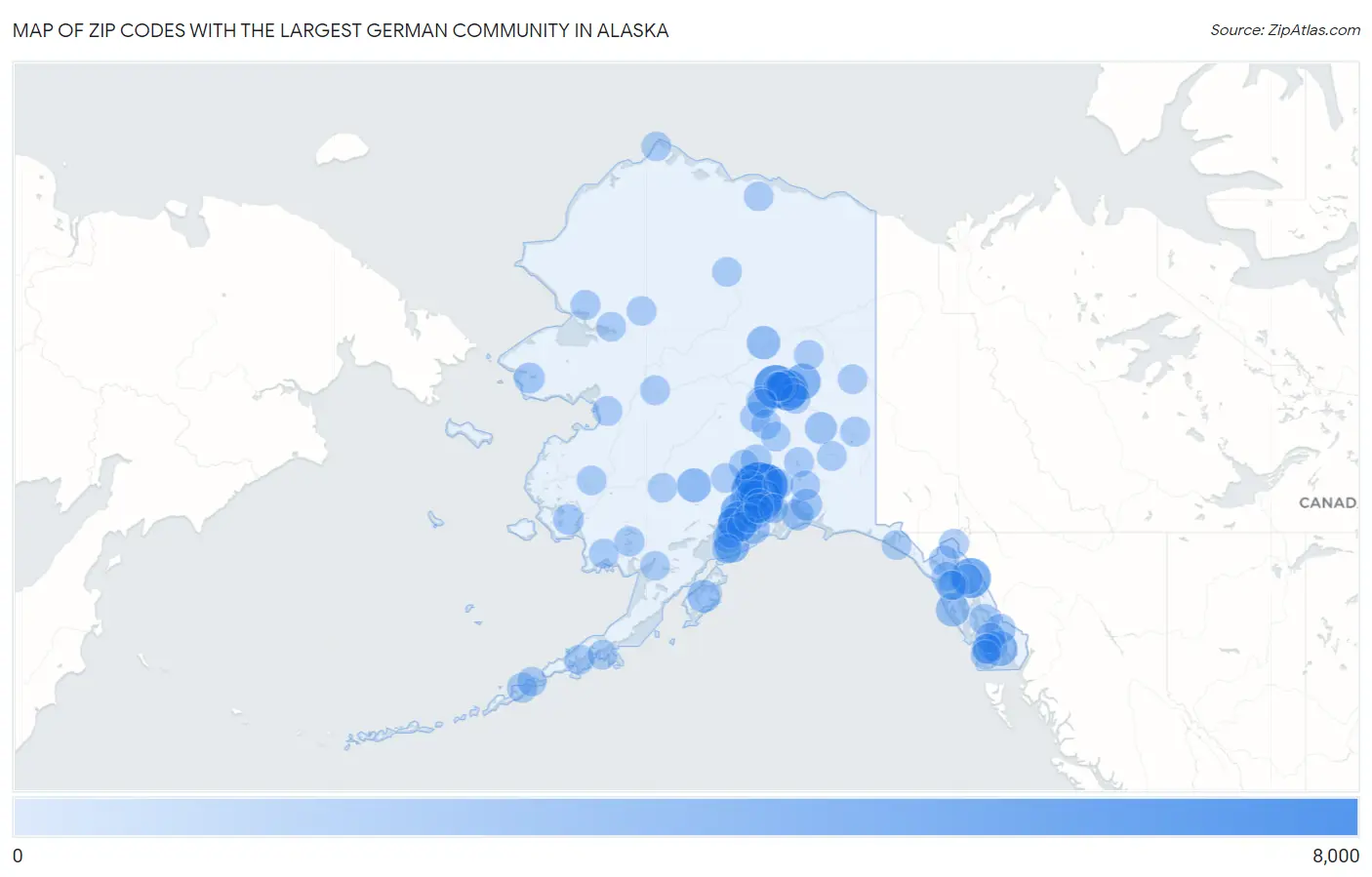 Zip Codes with the Largest German Community in Alaska Map
