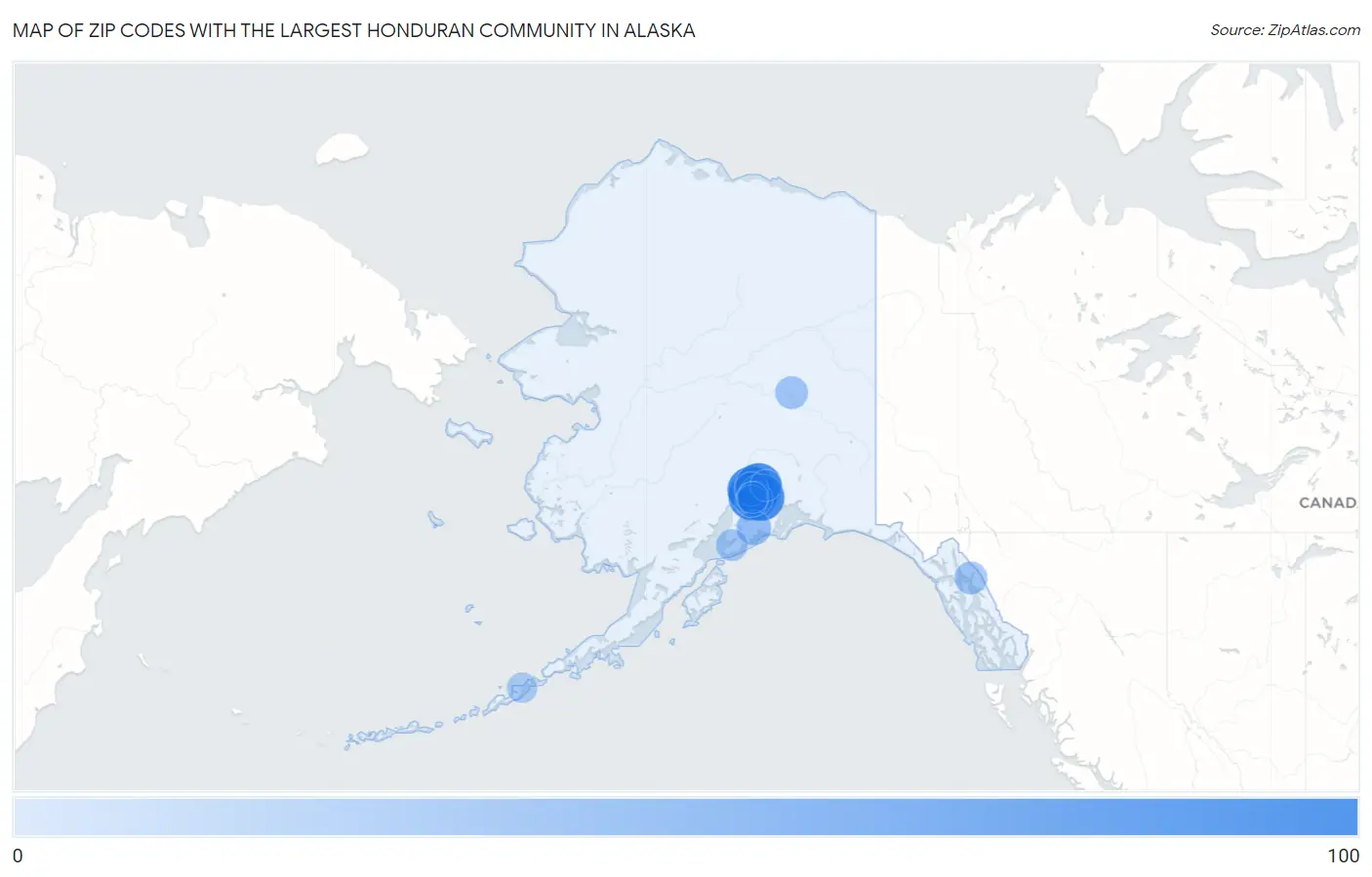 Zip Codes with the Largest Honduran Community in Alaska Map