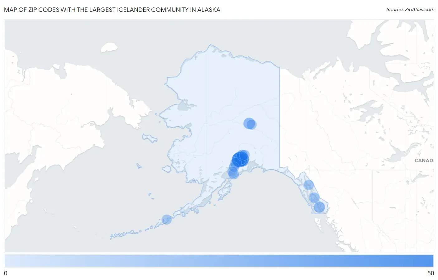 Zip Codes with the Largest Icelander Community in Alaska Map