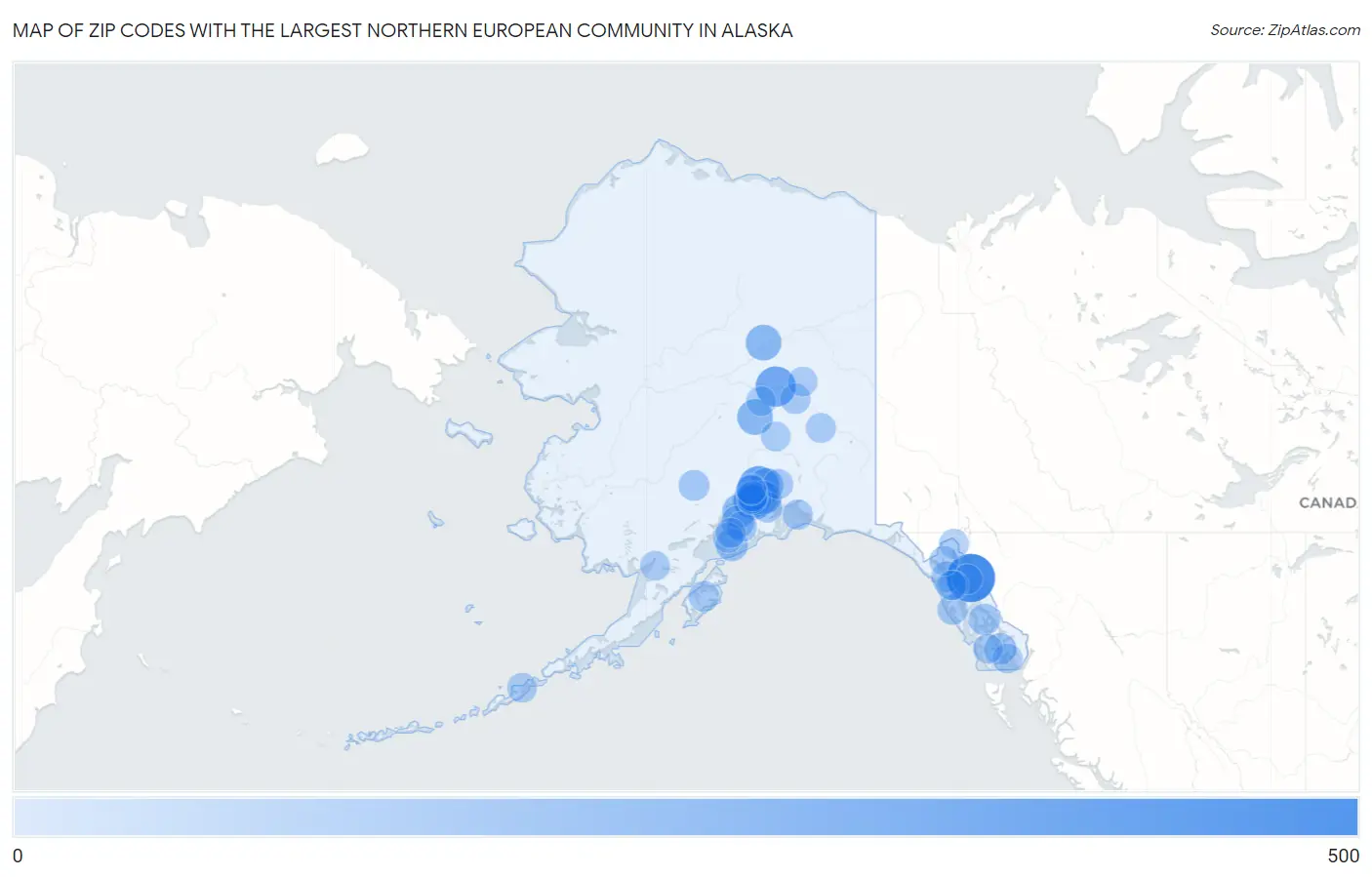 Zip Codes with the Largest Northern European Community in Alaska Map
