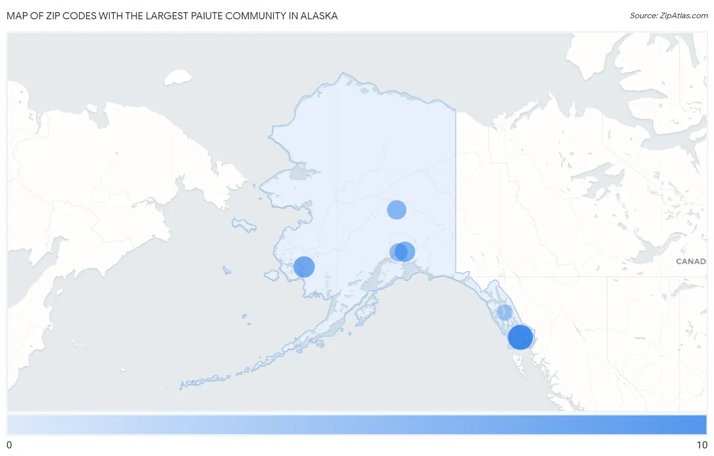 Zip Codes with the Largest Paiute Community in Alaska Map