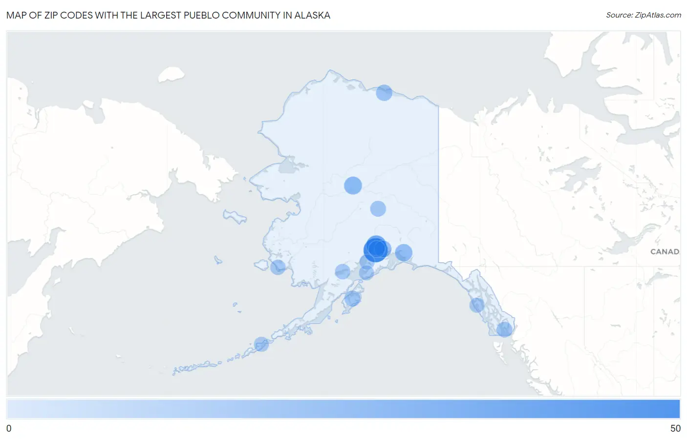Zip Codes with the Largest Pueblo Community in Alaska Map