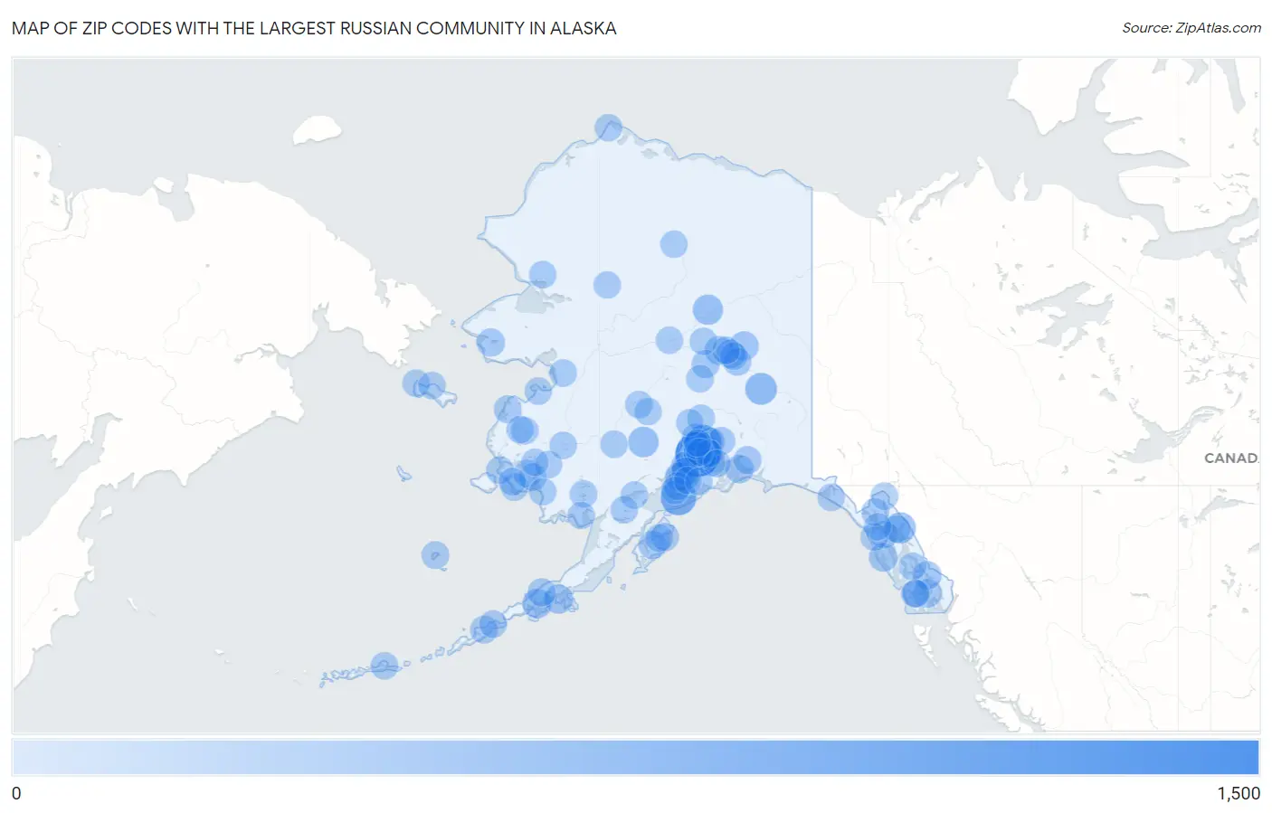 Zip Codes with the Largest Russian Community in Alaska Map