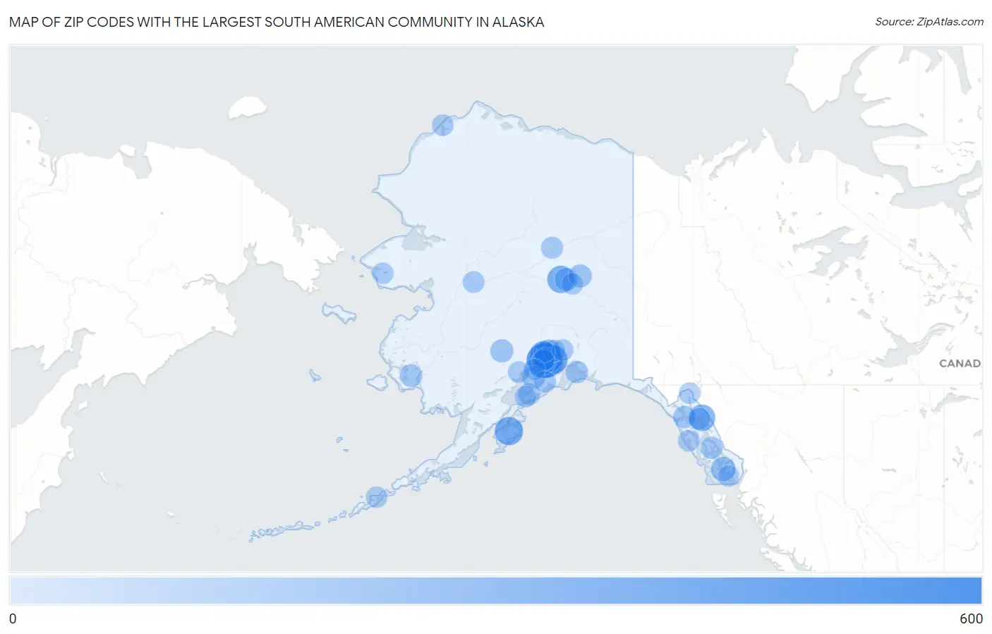 Zip Codes with the Largest South American Community in Alaska Map