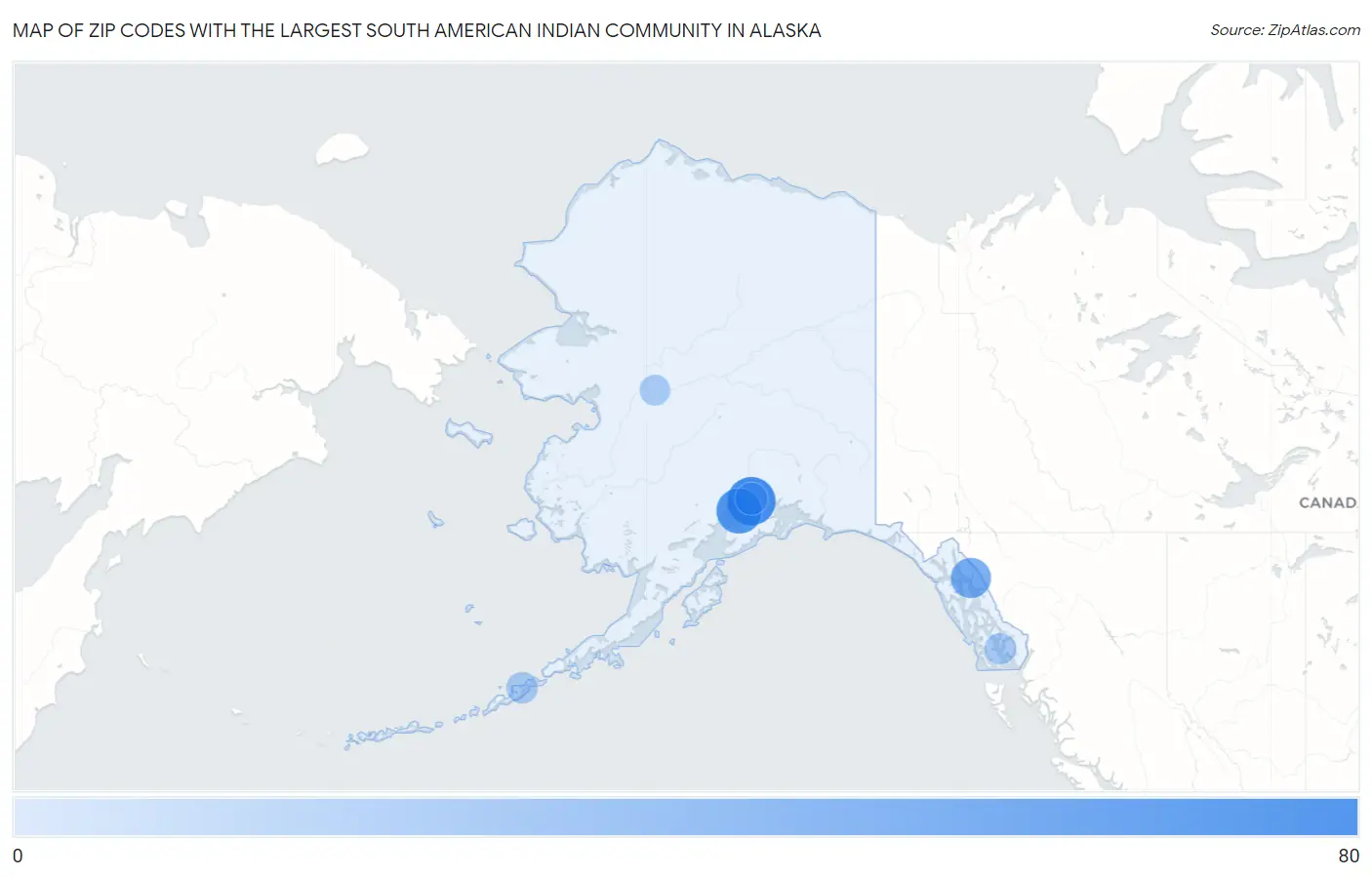 Zip Codes with the Largest South American Indian Community in Alaska Map
