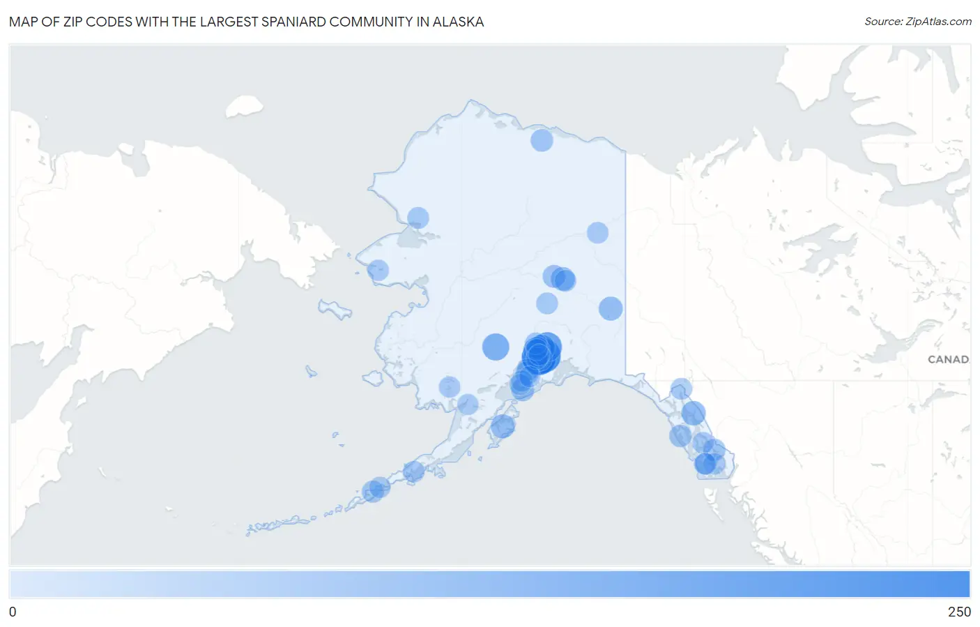 Zip Codes with the Largest Spaniard Community in Alaska Map