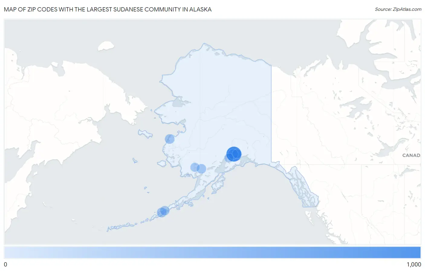 Zip Codes with the Largest Sudanese Community in Alaska Map
