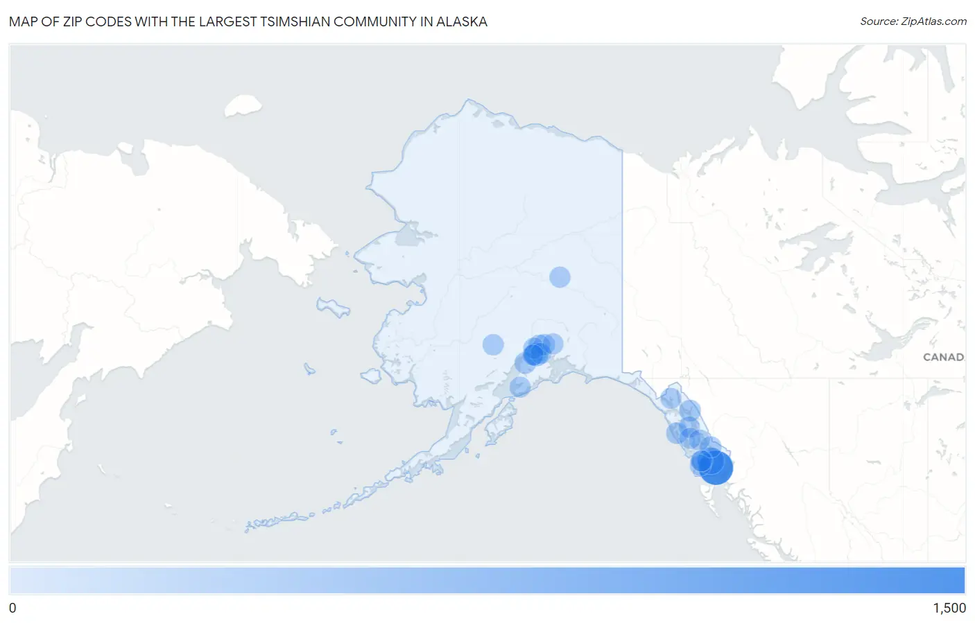 Zip Codes with the Largest Tsimshian Community in Alaska Map