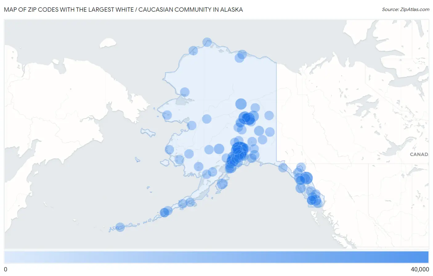 Zip Codes with the Largest White / Caucasian Community in Alaska Map