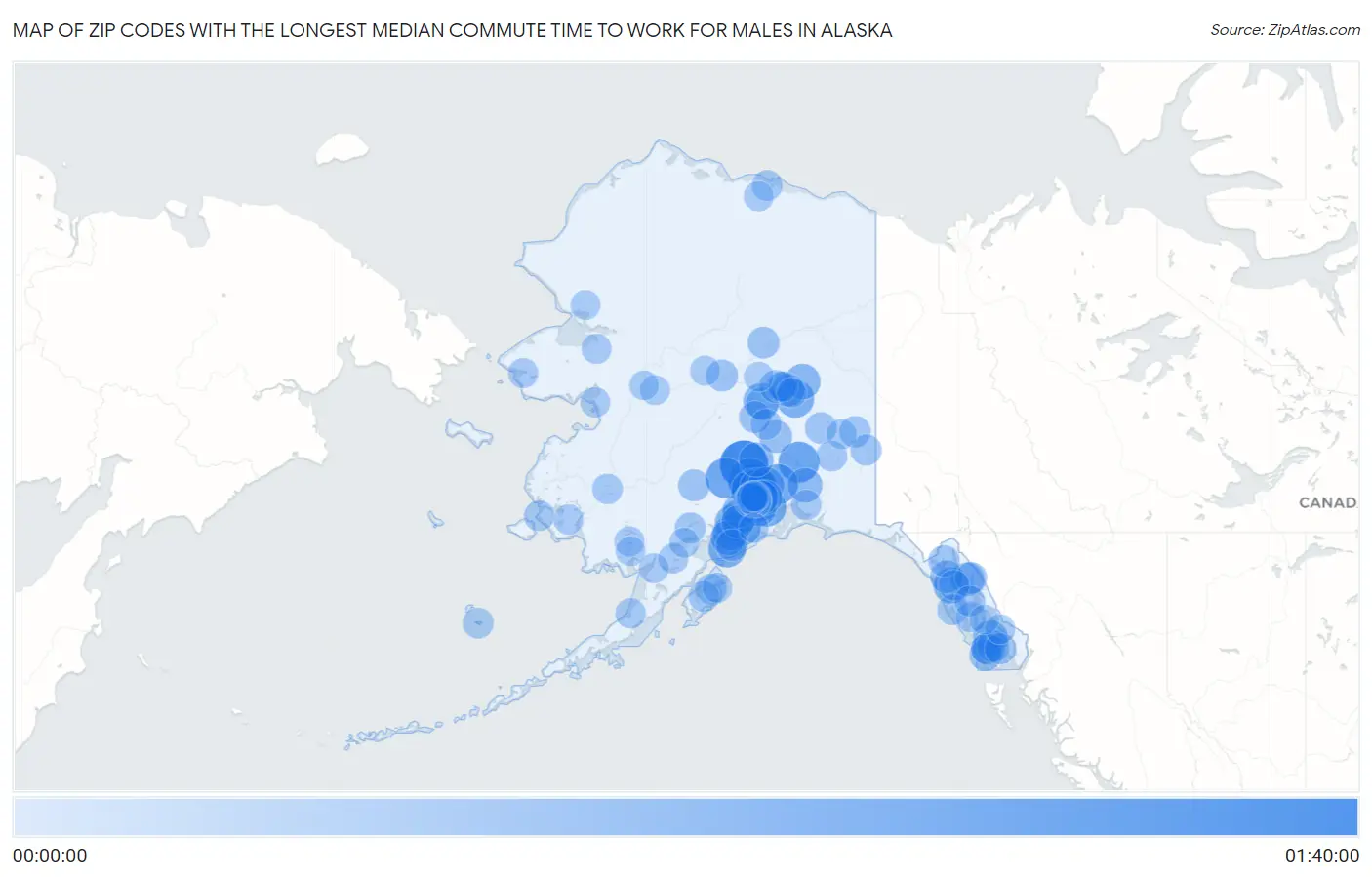 Zip Codes with the Longest Median Commute Time to Work for Males in Alaska Map